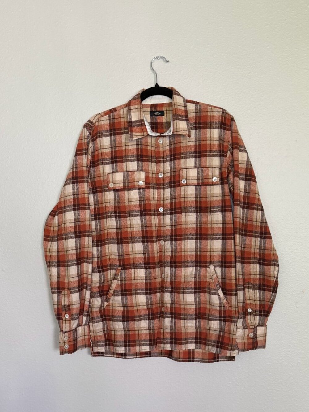 Mads Norgaard Copenhagen Men's M Plaid Lumberjack Flannel Work Shirt Orange Brow
